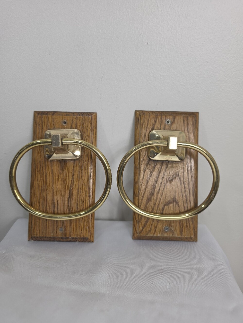 Vintage Brass Ring Towel Holders on Oak Wall Mounts - Pair